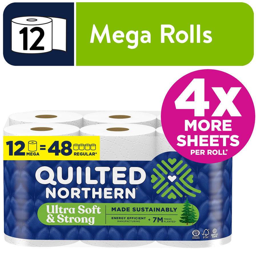 Packaged Quilted Northern Ultra Soft & Strong toilet paper pack showing 12 mega rolls and 4x more sheets claim