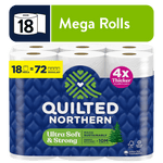 Packaged Quilted Northern toilet paper multipack with blue wrap, green logo, and 'Mega Rolls' callout