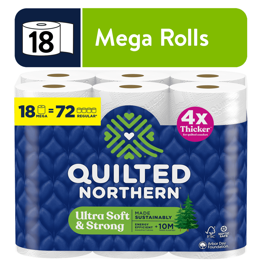 Packaged Quilted Northern toilet paper multipack with blue wrap, green logo, and 'Mega Rolls' callout