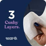 Close-up of a hand holding a textured Quilted Northern toilet paper sheet with text '3 Cushy Layers' on a navy background.