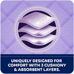 Graphic showing three layered cushioning diagram and text about comfort with 3 cushiony and absorbent layers