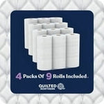 Product photo showing neatly arranged toilet paper rolls and text indicating '4 Packs Of 9 Rolls Included'