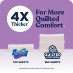 Comparison graphic showing two stacks of sheets with text '4X Thicker' and Quilted Northern logo on a purple background.