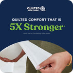 Graphic stating 'Quilted comfort that is 5X Stronger' with hands pulling a sheet of Quilted Northern toilet paper