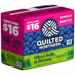 Angled view of Quilted Northern Ultra Soft & Strong 32-roll pack showing branding, pink header, and green base panel