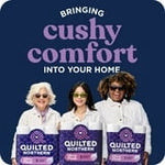 Promotional graphic with three people above stacked Quilted Northern product packs and headline about cushy comfort