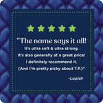 Customer testimonial panel on Quilted Northern blue quilted background with five green stars and a positive quote about softness and strength.