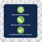 Feature panel with icons and copy stating septic safe and flushable, signature softness low lint, and no added inks dyes or fragrances