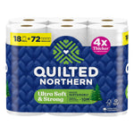 Front-facing Quilted Northern toilet paper pack showing logo, textured blue packaging and pink '4x Thicker' badge