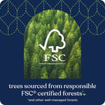 Aerial-style photo of a dense forest with the FSC certification logo and text about responsibly sourced trees on Quilted Northern artwork.