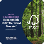 Graphic stating 'Trees sourced from Responsible FSC Certified Forests' with an FSC logo over a forest photo and Quilted Northern logo.
