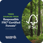 Forest photograph with large FSC logo and text stating trees sourced from responsible FSC certified forests alongside Quilted Northern logo