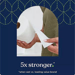 Close-up image of hands pulling a sheet from a Quilted Northern toilet paper roll with ‘5x stronger’ claim below