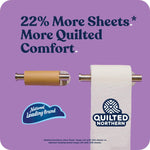 Graphic showing empty toilet roll holder beside a roll of Quilted Northern toilet paper and text '22% More Sheets' on purple background.