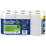 Rear view of Quilted Northern packaged toilet paper showing product label, barcode and sustainability messaging on pack wrap