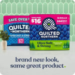 Two Quilted Northern toilet paper packages on a shelf with text 'brand new look, same great product' below.