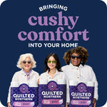 Lifestyle-style image of three people holding Quilted Northern Ultra Plush packages under headline 'bringing cushy comfort into your home'.