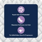 Navy informational panel with icons stating septic safe, flushable, signature softness and no added inks or fragrances