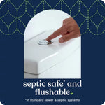 Close-up image of a finger pressing a toilet tank flush button above text stating 'septic safe and flushable' on Quilted Northern graphic.