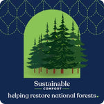 Illustrated cluster of evergreen trees inside an arch with 'Sustainable Comfort' messaging on Quilted Northern branding background.