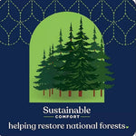 Illustration of evergreen trees with ‘Sustainable Comfort’ messaging promoting forest restoration on dark blue background