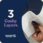 Hand holding a single Quilted Northern sheet beside text reading '3 Cushy Layers' on a navy background