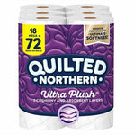 Packaged Quilted Northern Ultra Plush toilet paper showing purple branded wrapper and visible rolls