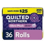 Packaged Quilted Northern Ultra Plush toilet paper pack showing brand, 36 rolls label and 255 sheets callout