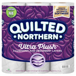 Front-facing Quilted Northern Ultra Plush 3-ply toilet paper pack with purple quilted design