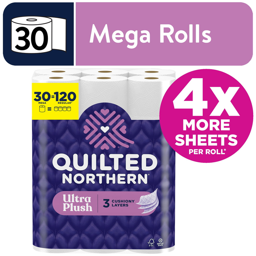 Packaged Quilted Northern Ultra Plush toilet paper with purple branding, 4x more sheets badge and mega rolls icon.