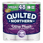 Packaged Quilted Northern Ultra Plush toilet paper with purple branded wrap and label