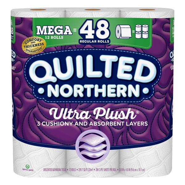 Packaged Quilted Northern Ultra Plush toilet paper with purple branded wrap and label