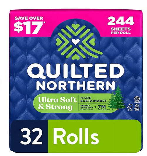 Quilted Northern Ultra Soft & Strong toilet paper packaging showing brand logo, 32 Rolls and 244 sheets per roll