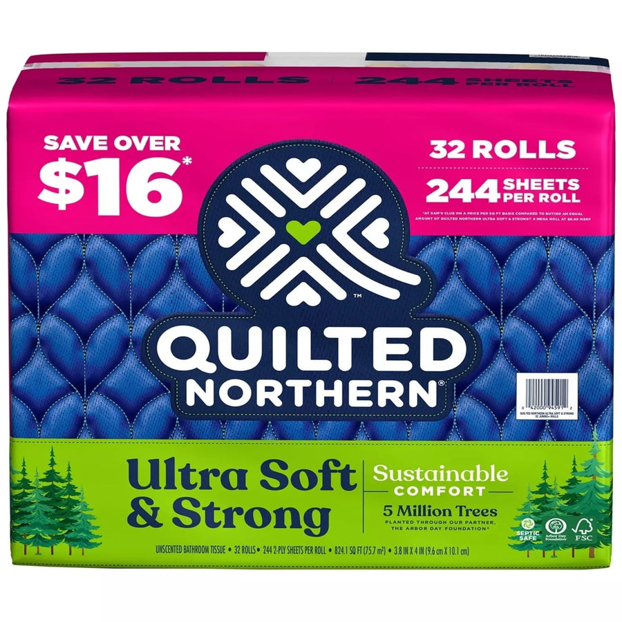 Front-facing pack of Quilted Northern Ultra Soft & Strong toilet paper with blue quilted pattern and pink header