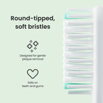 Graphic detail of a Quip brush head bristles at right with icons and text highlighting round-tipped soft bristles.