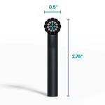 Front-on product shot of a black Quip Rev brush head with dimensions callouts showing 0.5" head and 2.75" length