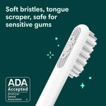 Close-up of a quip brush head showing soft bristles and tongue scraper with an ADA Accepted badge on dark background