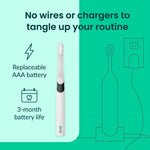 Informational graphic showing a white quip toothbrush and icons illustrating replaceable AAA battery and 3-month battery life