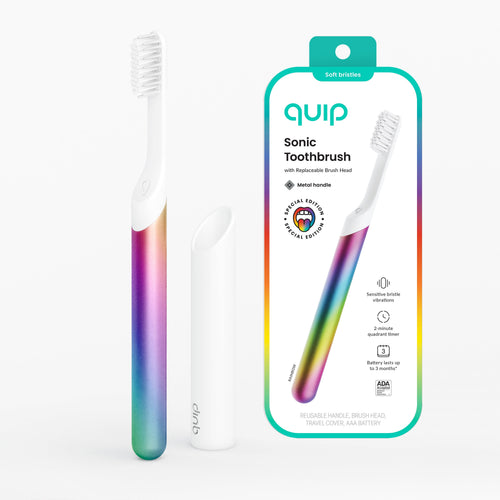Rainbow-metal quip sonic toothbrush with white travel cover and product packaging shown on a white background