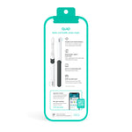 Back of Quip retail packaging card with product feature icons and images of toothbrush and handle on white background