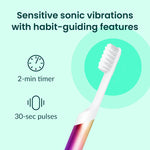 Graphic panel showing a quip brush head and text about sensitive sonic vibrations with icons for timer and pulses
