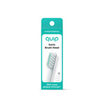 Front view of Quip retail packaging for a sonic brush head with teal branding and product image on white background