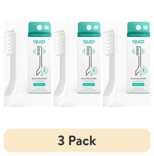 Three Quip replacement brush head packages shown side-by-side with a pale yellow banner reading “3 Pack” below.