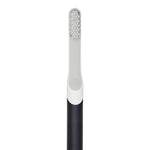 Top-down close view of Quip toothbrush head showing grey bristles and a white neck with charcoal handle