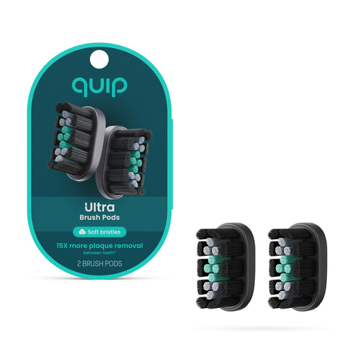Retail blister pack and two quip Ultra EasyClick brush pods shown separately on white background