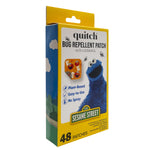 Angled side-front view of a yellow Quitch Sesame Street bug repellent patch box showing Cookie Monster and sesame street badge