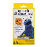 Front view of a yellow Quitch Sesame Street bug repellent patch box with Cookie Monster artwork and product claims