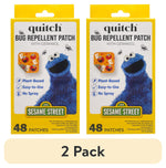 Two yellow Quitch Sesame Street bug repellent patch boxes side-by-side featuring Cookie Monster and product callouts