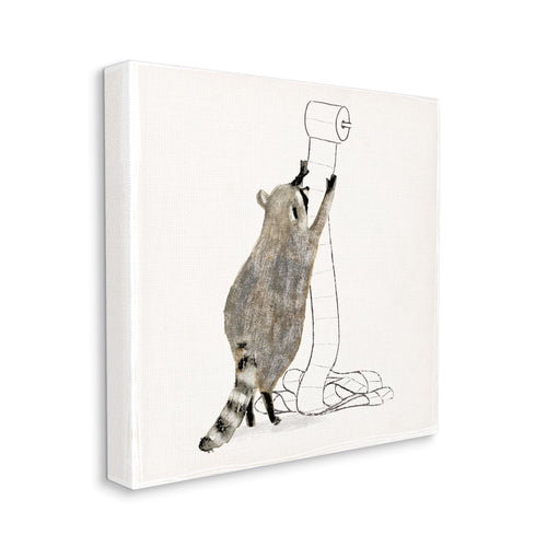 Canvas print showing a raccoon reaching up to pull a long roll of toilet paper, textured background.