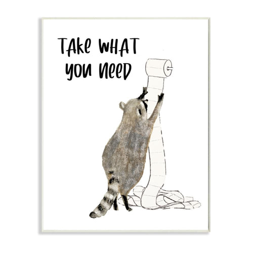 Illustration of a raccoon reaching up to pull a long roll of toilet paper with playful 'Take What You Need' text above